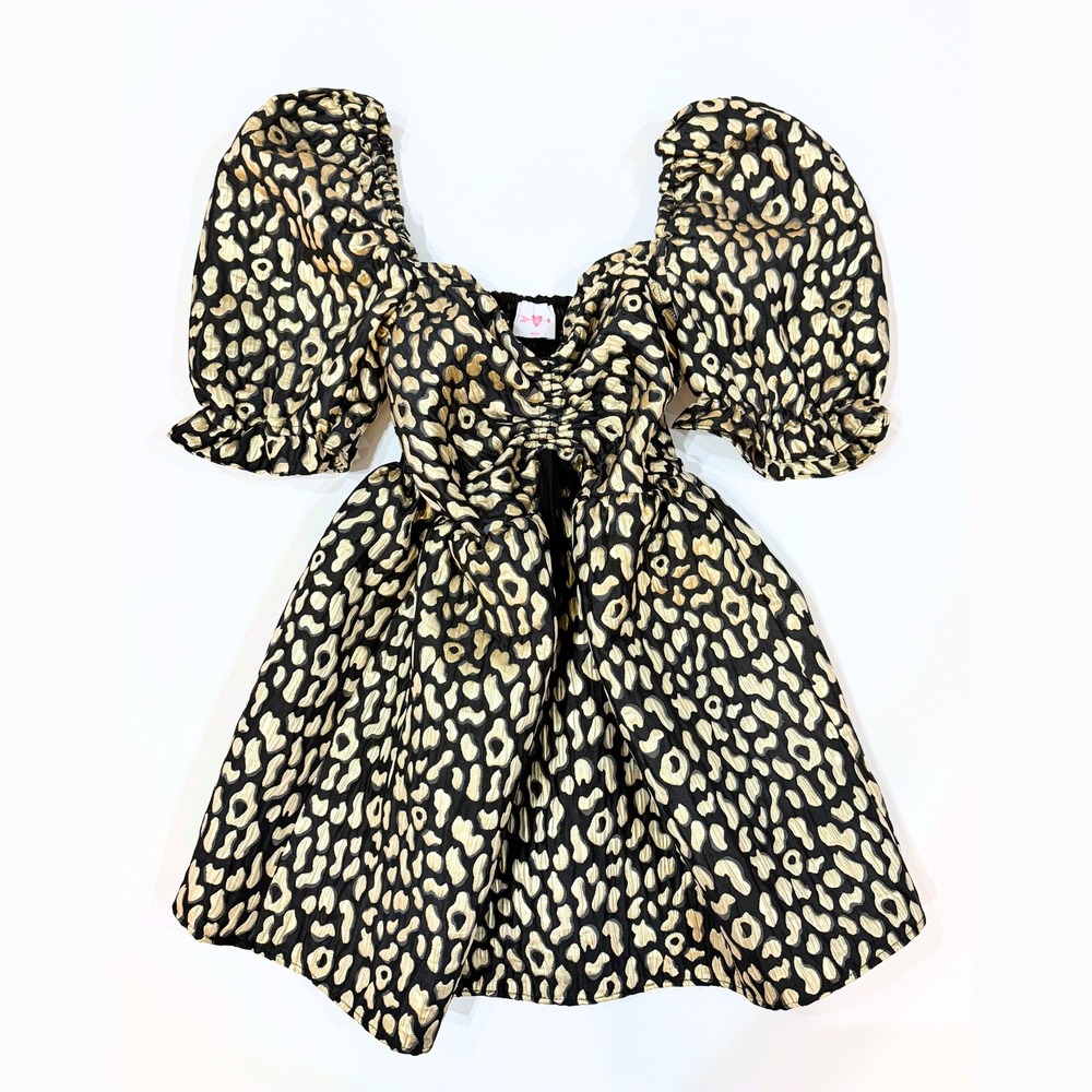 BuddyLove Colby Black Gold Metallic Leopard Puff Sleeve Mini Dress Retro Glam